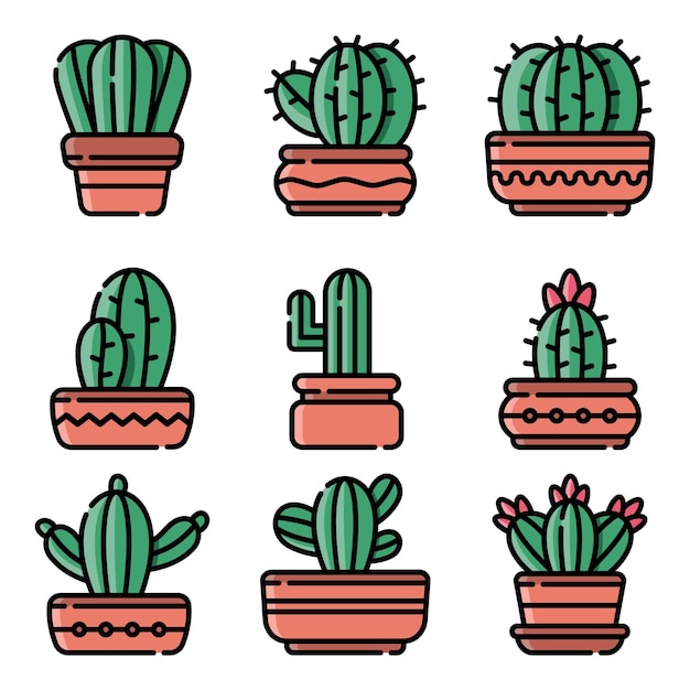 Conjunto de vector de ilustración de arte de línea de cactus