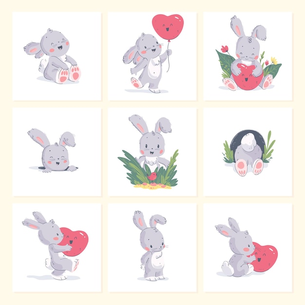 Conjunto de vector de ilustración de dibujado a mano de lindo conejito bebé con globo en forma de corazón aislado sobre fondo. Bueno para tarjetas de cumpleaños, impresión de guardería, póster de vday, etiqueta, pancarta, etiqueta de amor.