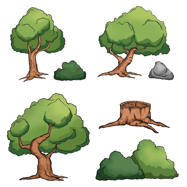 Conjunto de vector de ilustración de hierba de piedra de árbol