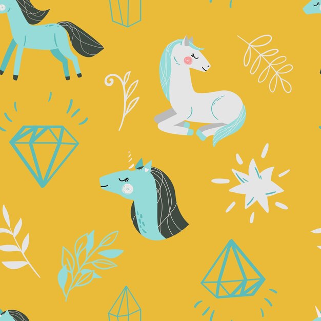 conjunto, de, vector, infantil, seamless, patrones, con, lindo, unicornios
