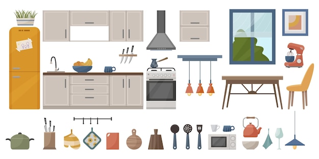 conjunto, de, vector, interior, elementos, interior acogedor, cocina, con, muebles, decoración, para, el, cocina