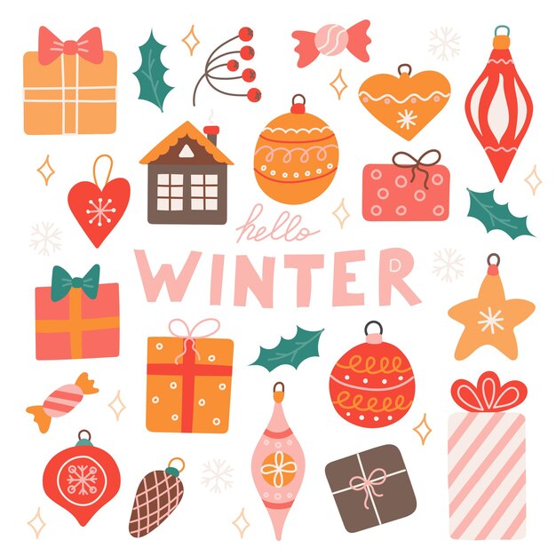 Conjunto de vector de invierno de plantas de juguetes de árbol de Navidad y bayas sobre fondo verde en estilo plano