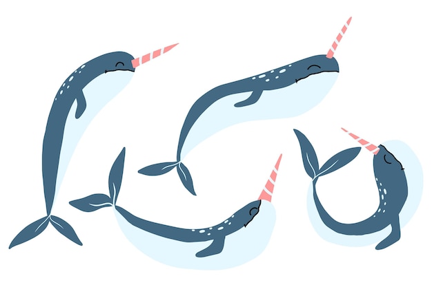 Conjunto de vector de lindos narvales azules. Lindas ballenas con cuerno. Ilustración vectorial
