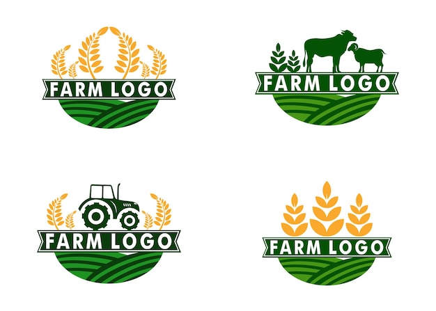 Conjunto de vector de logotipo de granja plana, diseño de icono de logotipo de ganado