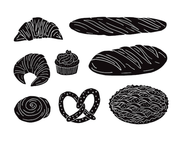 Conjunto de vector de mano dibujar pan de panadería negro y bollo