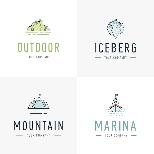 Conjunto de vector de montaña y aventuras al aire libre logo