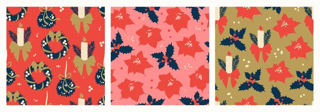 Conjunto de vector Navidad patrones sin fisuras Poinsettia holly bayas muérdago con un lazo rojo