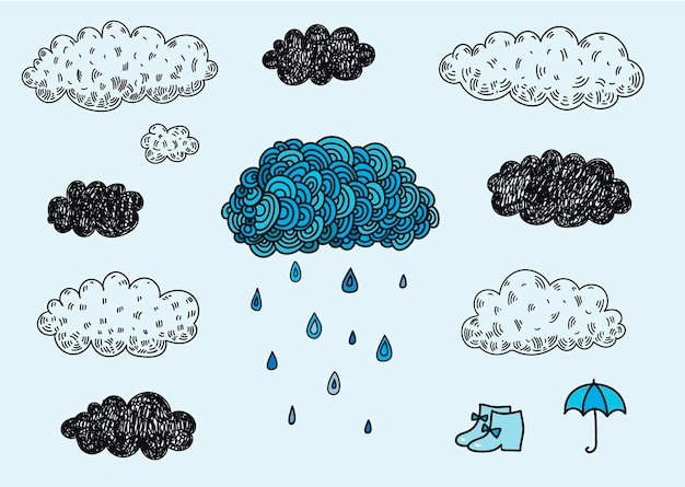 Conjunto de vector de nubes de doodle dibujados a mano. Día lluvioso, pronóstico del tiempo