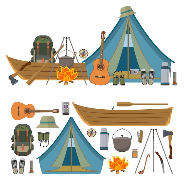 Conjunto del vector de objetos y de herramientas que acampan aislados. equipo de campamento, carpa turística, bote, mochila, fuego, guitarra.