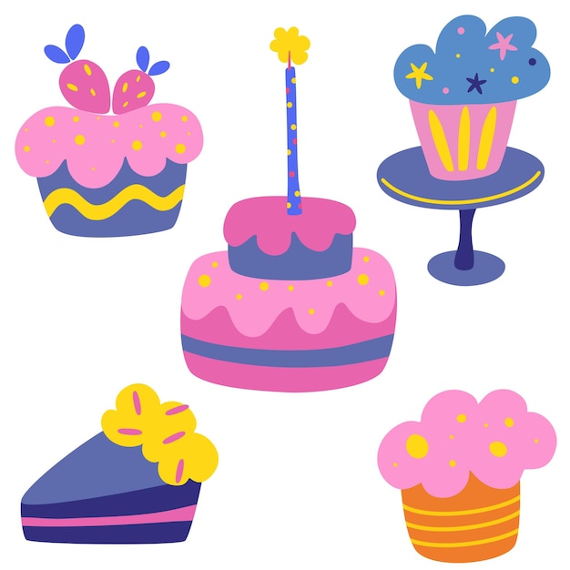 Conjunto de vector de pastel de crema de vacaciones felices. Delicioso pastel de cumpleaños. Pasteles dulces, magdalenas, magdalenas Iconos de cocina navideña para decoración, aniversarios, bodas, cumpleaños, fiestas infantiles.