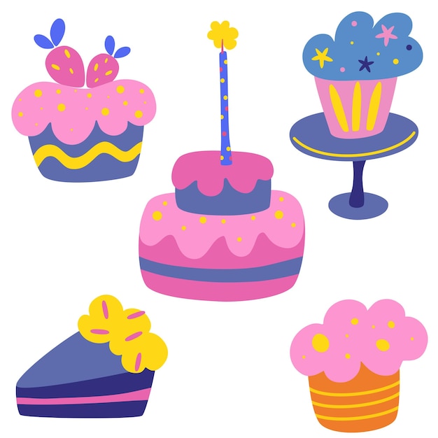 Conjunto de vector de pastel de crema de vacaciones felices. delicioso pastel de cumpleaños. pasteles dulces, magdalenas, magdalenas iconos de cocina navideña para decoración, aniversarios, bodas, cumpleaños, fiestas infantiles.