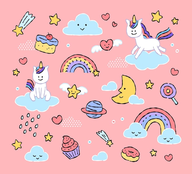 Conjunto de vector pastel unicornio nubes estrella postre planeta niño ilustración