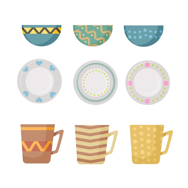 Conjunto de vector de pasuda de cerámica con patrones - tazas, platos, cuencos. Estilo de dibujos animados.