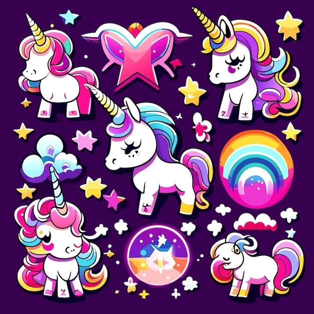 Vector conjunto de vector de pegatinas de unicornio