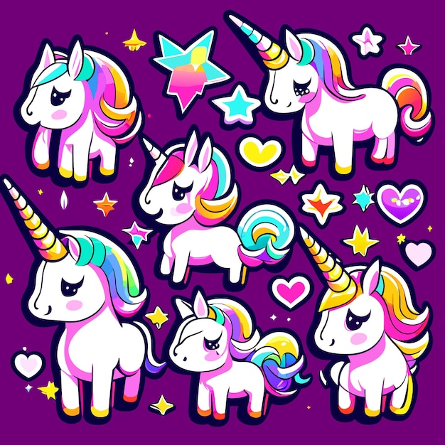 Vector conjunto de vector de pegatinas de unicornio