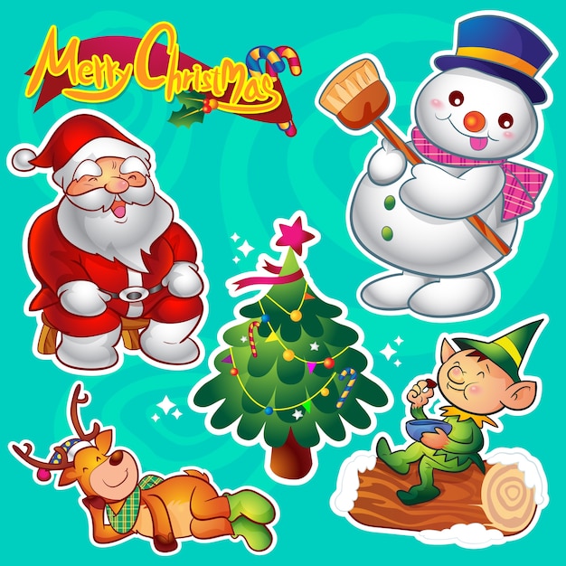 Vector conjunto de vector de personajes de navidad lindos coloridos y decoraciones