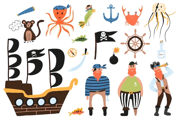 Conjunto de vector pirata. conjunto de lindos piratas, barco, animales piratas, bandera, ron, bomba. conjunto infantil pirata. ilustración vectorial