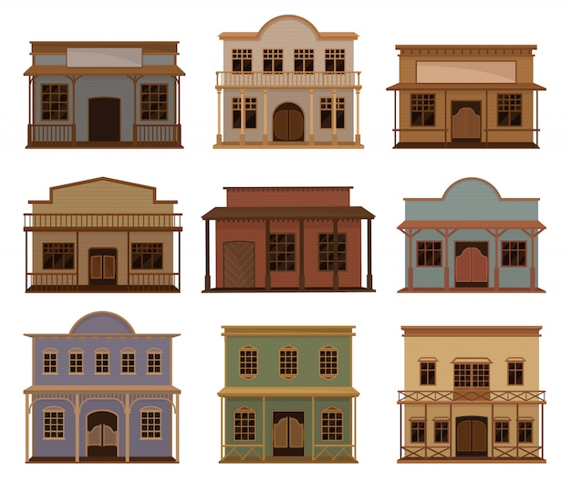 Conjunto de vector plano de casas occidentales.