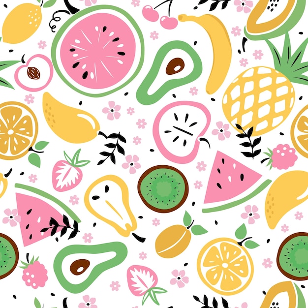 Conjunto, de, vector, plano, fruta, y, flores