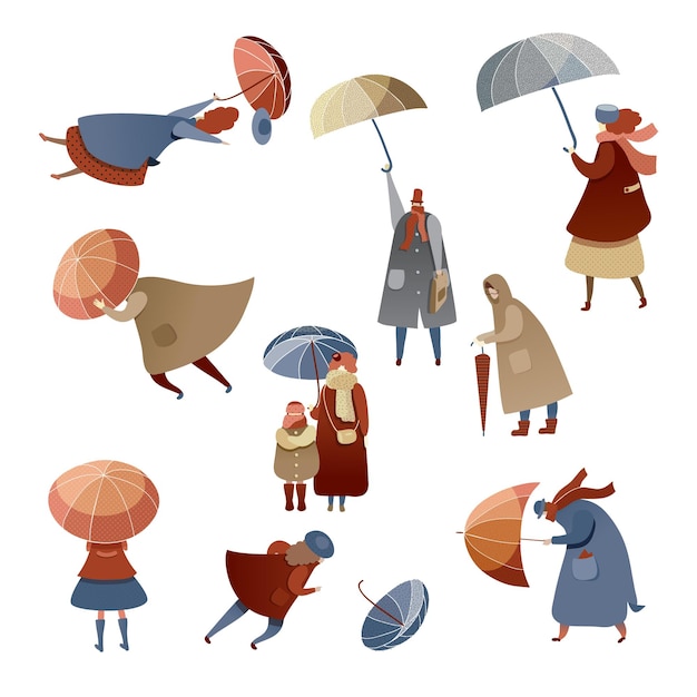 Conjunto de vector plano de personas con paraguas peleando con mal tiempo día ventoso dibujos animados de temporada de otoño
