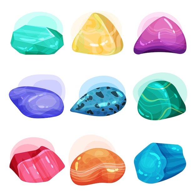 Conjunto de vector plano de varias piedras preciosas brillantes Piedras preciosas brillantes Tema de geología Elementos para activos de juegos móviles