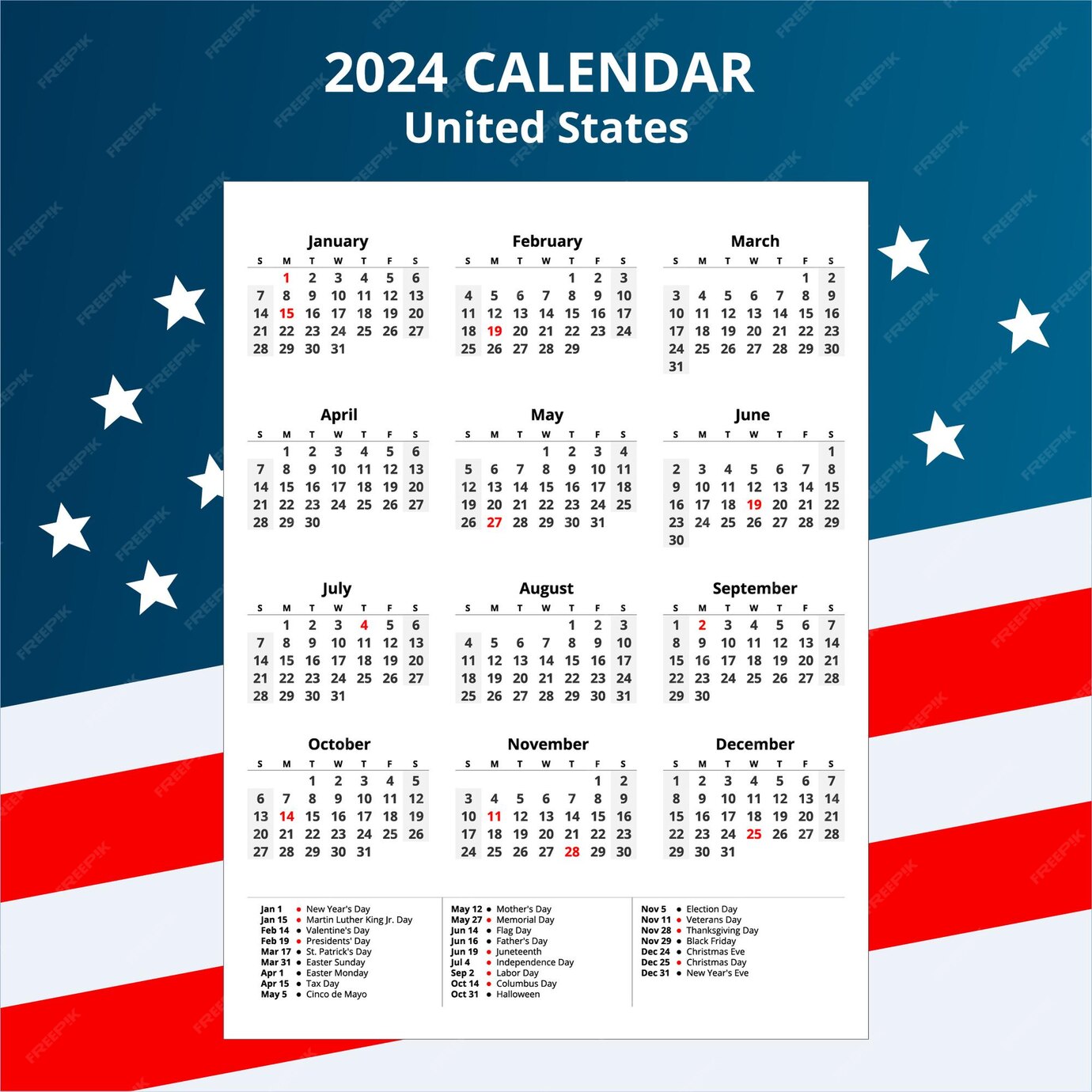 Conjunto de vector de plantilla de calendario de Estados Unidos 2024