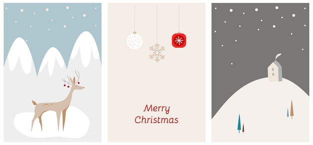 Conjunto de vector de plantilla de tarjetas de navidad. adorable tarjeta de navidad con ciervos, colinas y casas. plantilla de redes sociales de año nuevo