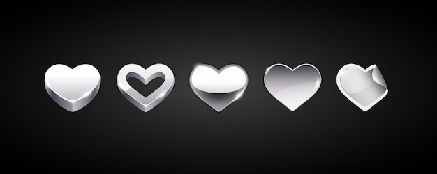 Conjunto, de, vector, plata, corazones