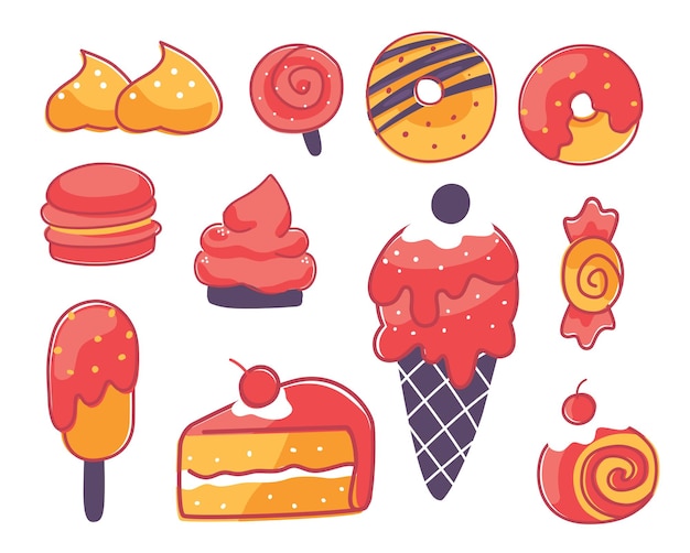 Conjunto de vector de postre dulce. Diferente de delicioso pastel de postre.