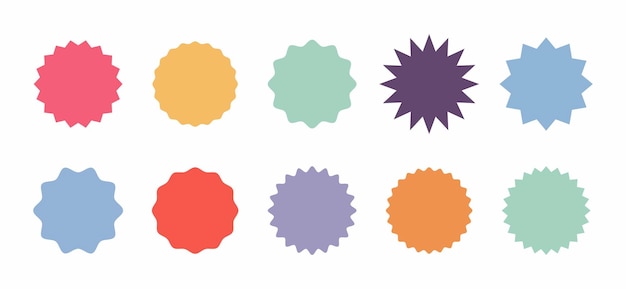 conjunto, de, vector, rojo, starburst, sunburst, insignias, simple, plano, estilo, vendimia, etiquetas, pegatinas, con, venta