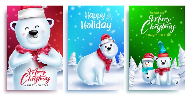 Conjunto de vector de saludo de oso de Navidad. Texto de feliz navidad con personaje 3d de oso polar al aire libre.