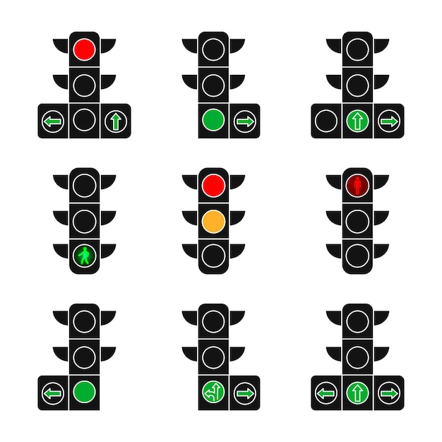 Conjunto de vector de semáforo aislado sobre fondo blanco.