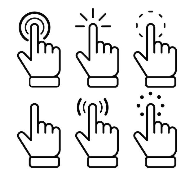 Conjunto de vector de símbolo del puntero de la mano Clicando el cursor apuntando la mano hace clic con los iconos Clicando con el dedo de la mano