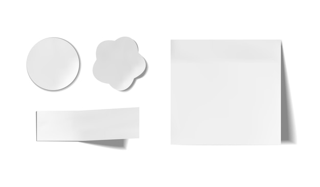 Conjunto de vector de trozos de papel blanco aislado sobre fondo blanco, papel de nota, papel de cuaderno de bocetos, conjunto de pegatinas.