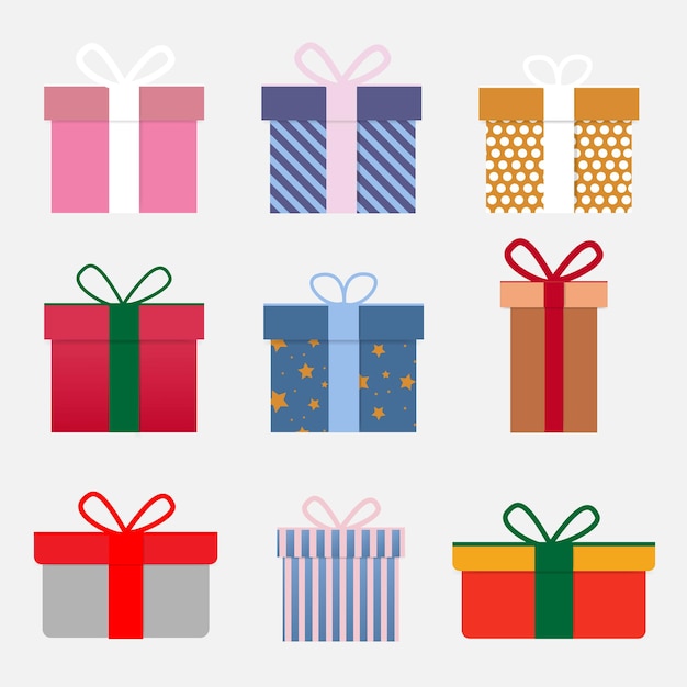 Conjunto de vector de varias cajas de regalo. Diseño plano.