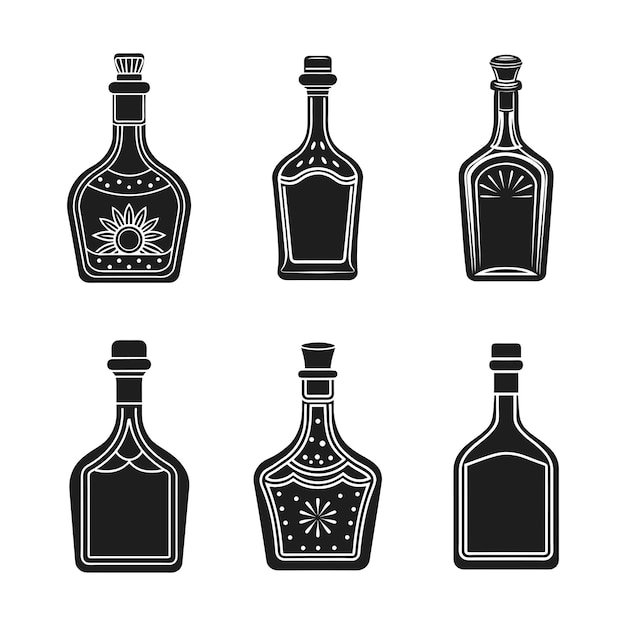 Conjunto de Vectoras de Botellas de Licor Vintage Colección de Bottles de Alcohol de Silueta Negra para Proyectos de Diseño