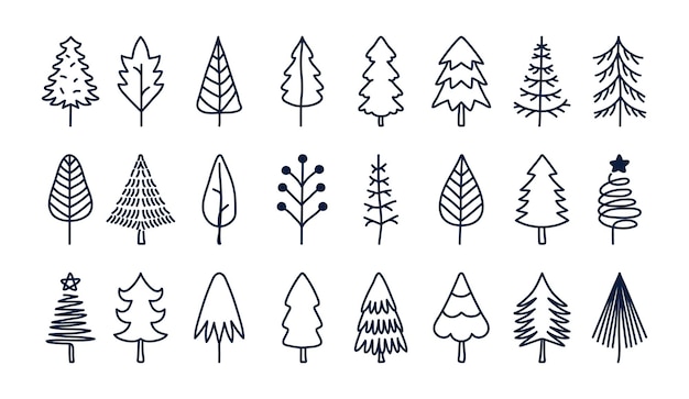 Conjunto de vectores abstractos árboles de Navidad dibujados a mano