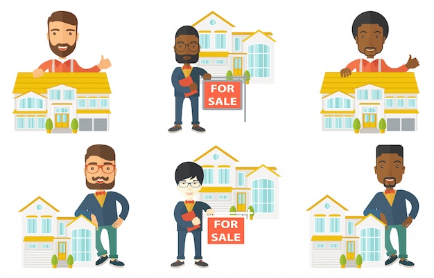 Conjunto de vectores de agentes inmobiliarios y dueños de casa.