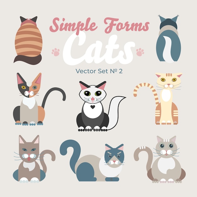 Conjunto de vectores aislados de gatos planos Ilustración de dibujos animados iconos de logotipo de gatos domésticos Símbolo de arte constructor divertido mascotas adorables Signo estilo plano retrato silueta moderno diferente abstracto amistoso lindo gato