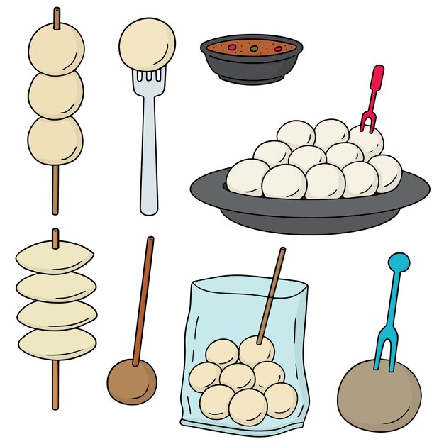conjunto de vectores de albóndiga, bola de pescado, bola de cerdo y bola de camarones