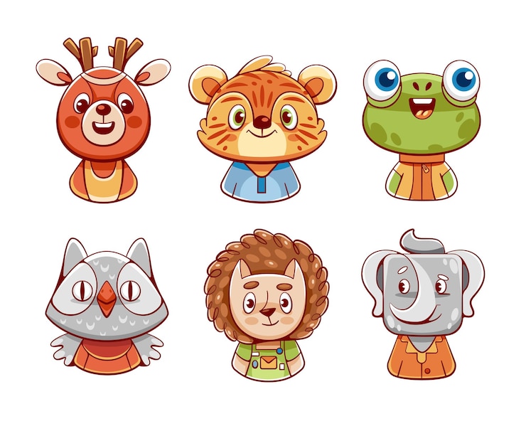 Vector conjunto de vectores animales lindos ciervo búho rana tigre elefante y erizo en estilo de dibujos animados