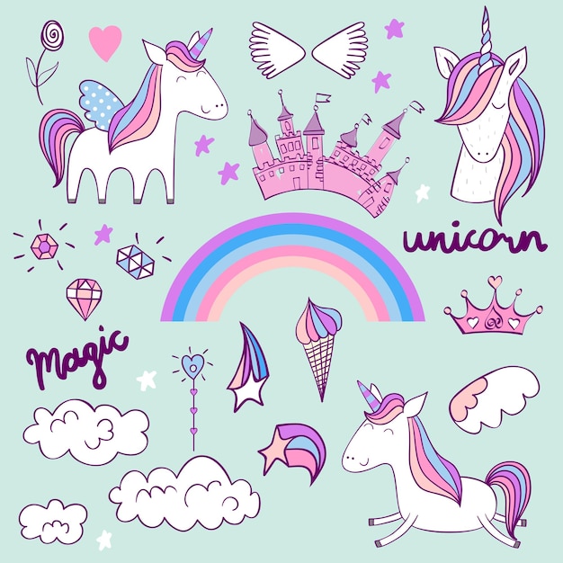 Vector conjunto de vectores con arco iris de unicornios y otros elementos para niñas