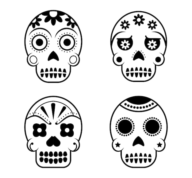 Conjunto de vectores de arte de línea de calavera de azúcar mexicana