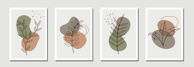 Conjunto de vectores de arte de pared botánico Dibujo de arte de línea de follaje boho de tono terrestre con forma abstracta