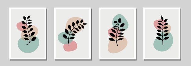 Conjunto de vectores de arte de pared botánico Dibujo de arte de línea de follaje con forma abstracta Arte abstracto de la planta