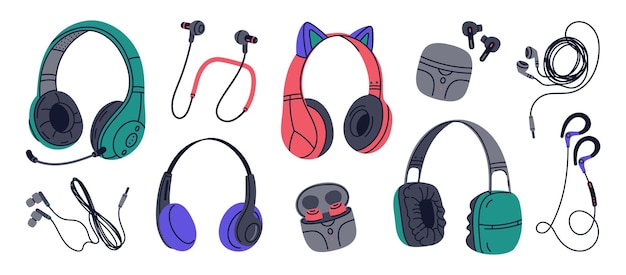 Conjunto de vectores de auriculares Escuchar música con cable y equipos de audio inalámbricos auriculares y dispositivos de música electrónica inear vector de dibujos animados planos Conjunto de ilustración