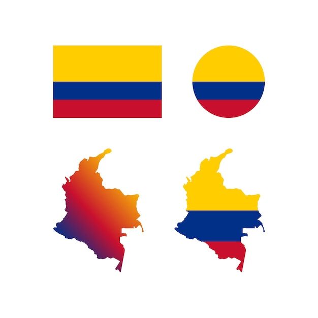 Vector conjunto de vectores de bandera y mapa nacional de colombia