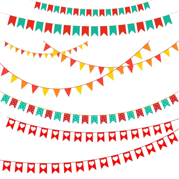 Conjunto de vectores de banderas de fiesta Empavesado de colores y guirnaldas Celebración cumpleaños vacaciones diversión aniversario decorativo para halloween Acción de gracias y navidad o año nuevo