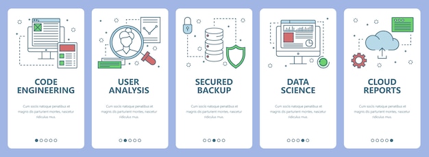 Conjunto de vectores de banners con ingeniería de código, análisis de usuarios, copia de seguridad segura, ciencia de datos, informe de la nube