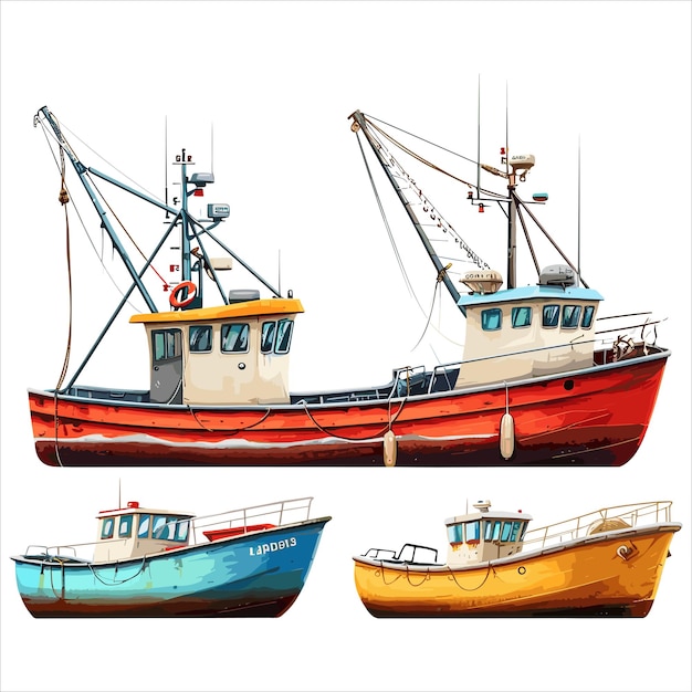 Vector conjunto de vectores de barcos de pesca de fondo blanco